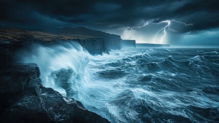 Fototapeta premium The tumultuous sea roars as massive waves collide with rugged cliffs under a stormy sky. Lightning streaks across the heavens, enhancing the dramatic landscape
