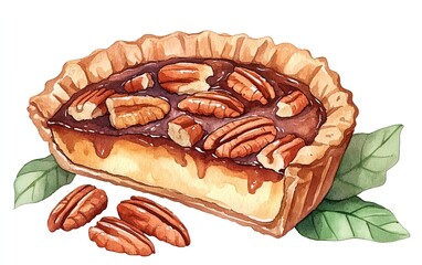 Delicious pecan pie with a buttery crust and rich filling, garnished with fresh pecans and leaves, watercolor painting