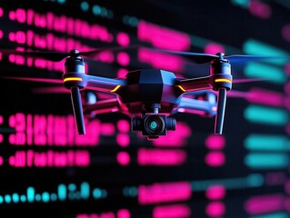 Autonomous financial drone visualizing a stock market landscape, financial exploration, automated insights