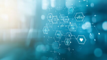 An abstract background featuring digital medical record icons in soft blue and green hues with hexagonal shapes and ample copy space