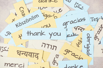 Thank you day, word thanks in different languages,  being thankful, support, help and charity...