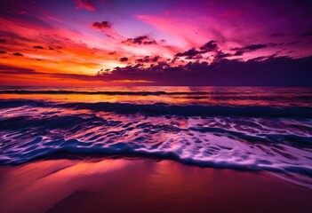 Fototapeta premium stunning beach sunset vibrant color reflection capturing majestic sky over calm water dramatic coastal silhouettes, horizon, clouds, nature, beauty, light
