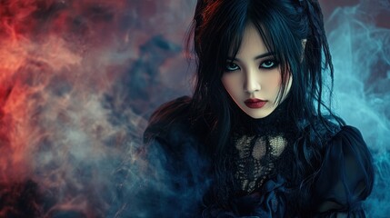 Fototapeta premium Young Asian woman in black gothic style make up halloween theme background wallpaper AI generated image