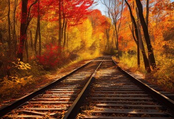 Fototapeta premium abandoned train tracks enveloped lush autumn foliage creating stunning natural landscape, trees, leaves, colors, railroad, nature, outdoors, path, rustic
