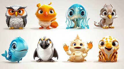 Fototapeta premium Eight cute cartoon animal characters, including an owl, a bird, a jellyfish, a lizard, a whale, a parrot, a dragon, and a gecko, on a white background.