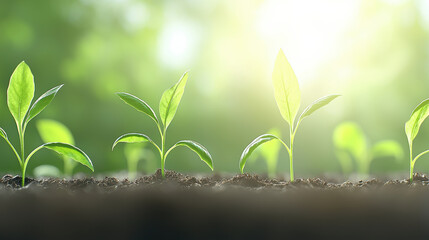 New green plants emerging from rich organic soil, basking in sunlight, symbolize growth and renewal in nature