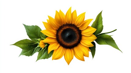 Naklejka premium Sunflower Bloom: A vibrant sunflower in full bloom, showcasing its golden petals and dark center. The sunflower is accompanied by two lush green leaves, adding a touch of natural beauty.
