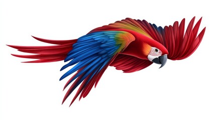 Obraz premium Scarlet Macaw in Flight: A vibrant scarlet macaw with outstretched wings takes flight, showcasing its stunning plumage and graceful movement in a breathtaking display of nature's beauty.