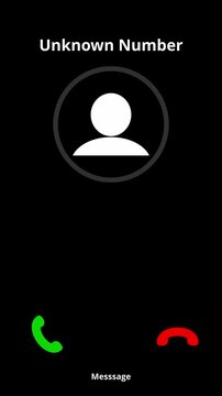 Smartphone screen vertical animation showing an incoming call from an unknown number on a black background.