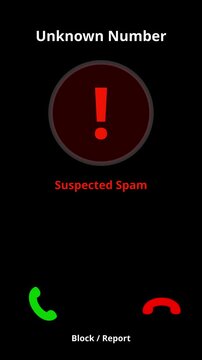 Unknown caller suspected spammer, mobile phone scam alert, vertical animation