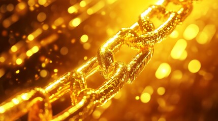 A close-up of a shimmering gold chain against a sparkling golden background.