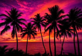 stunning vibrant palm tree silhouettes dramatic sunset sky radiant colors creating peaceful tropical atmosphere, beach, orange, yellow, red, clouds, evening