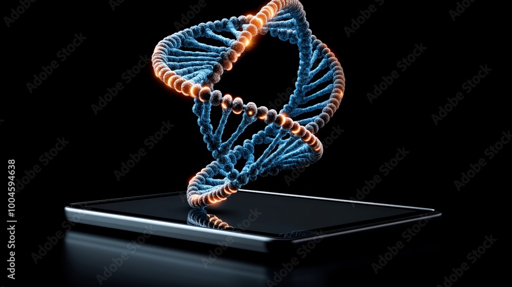 Poster dna code on a tablet: a futuristic and abstract representation of the intricate dna double helix eme