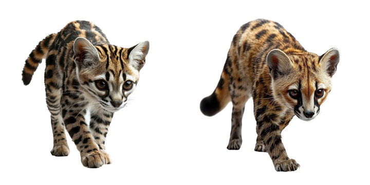 A spotted genet walking stealthily isolated on white and transparent background