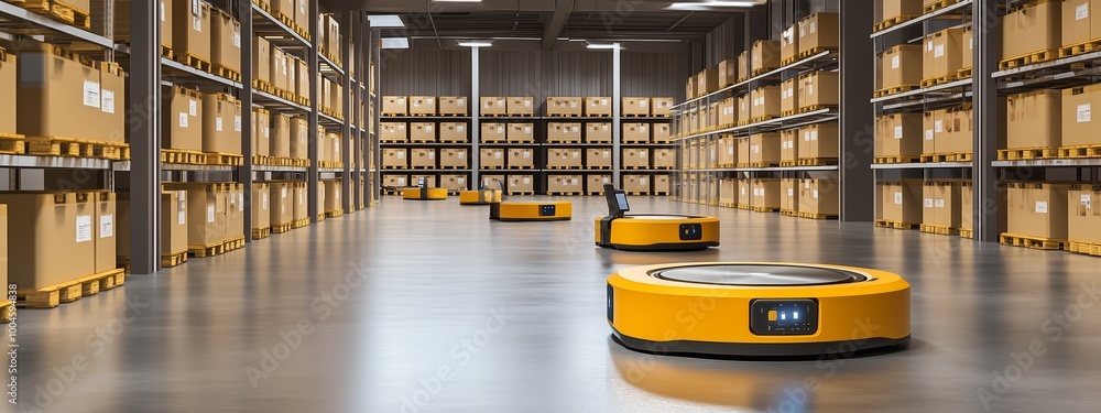 Poster automated robots transporting boxes in a large warehouse during daylight hours