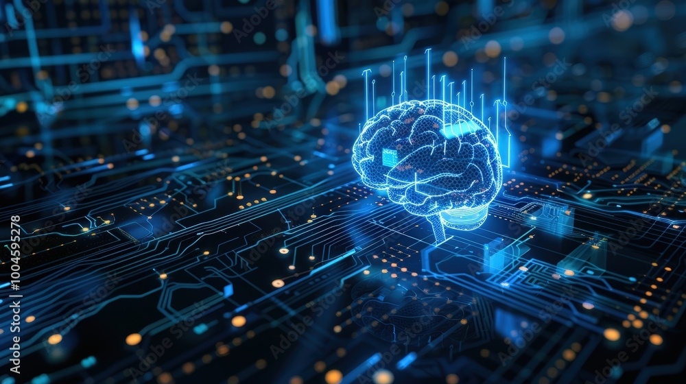 Poster a blue digital brain floating on an intricate circuit board background, symbolizing artificial intel