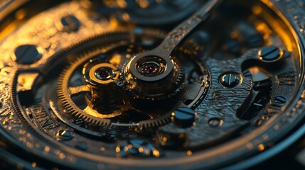 A close-up of a watch mechanism showcasing intricate gears and droplets.