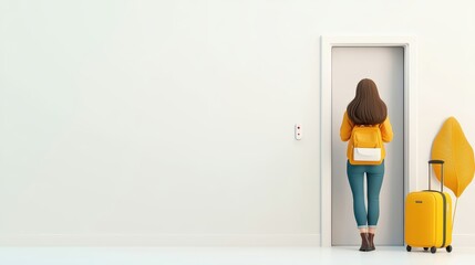 Fototapeta premium Woman Waiting for Elevator with Luggage and Backpack