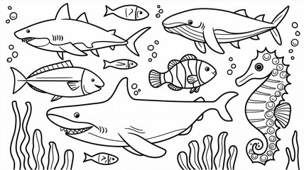 Doodle coloring book page fishes set. Antistress for adults. Collection of black and white doodle fishes.