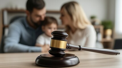 Close-up of a judge's gavel with a blurred mother and child in the background, symbolizing child custody and legal decisions.