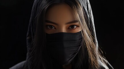 Naklejka premium A professional traditional asian woman black ninja blade costume with a face covering background wallpaper AI generated image