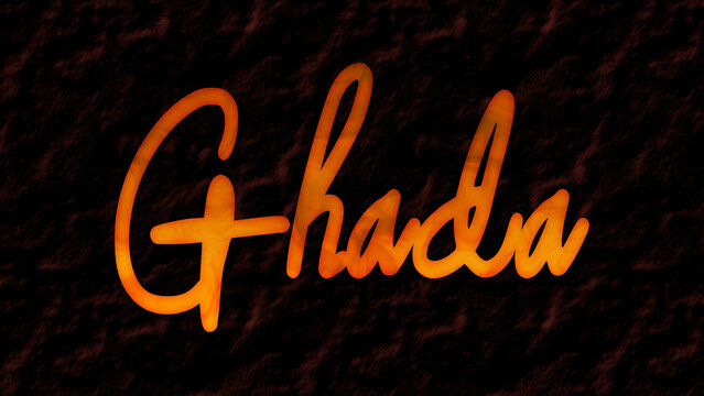 3D fire text effect of name Ghada on dark background.	