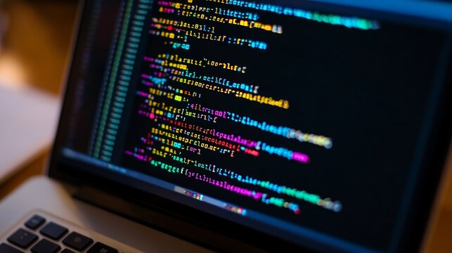 A close-up of colorful computer code displayed on a laptop screen.