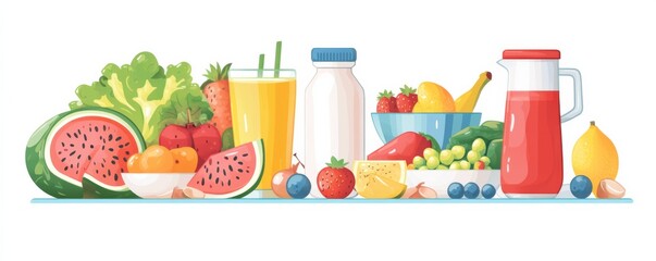  healthy food and drinks on a table, featuring vibrant fruits and refreshing beverages,  emphasizes nutrition and wellness,   ideal for health-conscious concepts.