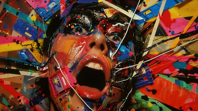 Arte Digital: Chica gritando entre cables y papels de colores. generativa ia