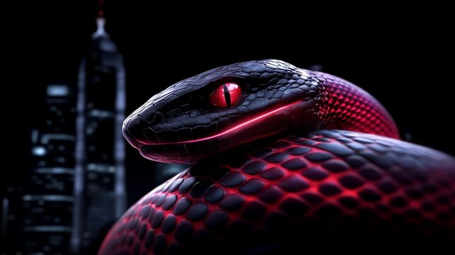 Red-Eyed Serpent in Urban Jungle: A menacing black snake with glowing red eyes stares out from the shadows of a towering cityscape, a stark contrast between nature's power and urban sprawl.