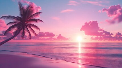 Palm tree silhouette at sunset. A beautiful pink sunset over the ocean, perfect for tropical and beach themed projects.