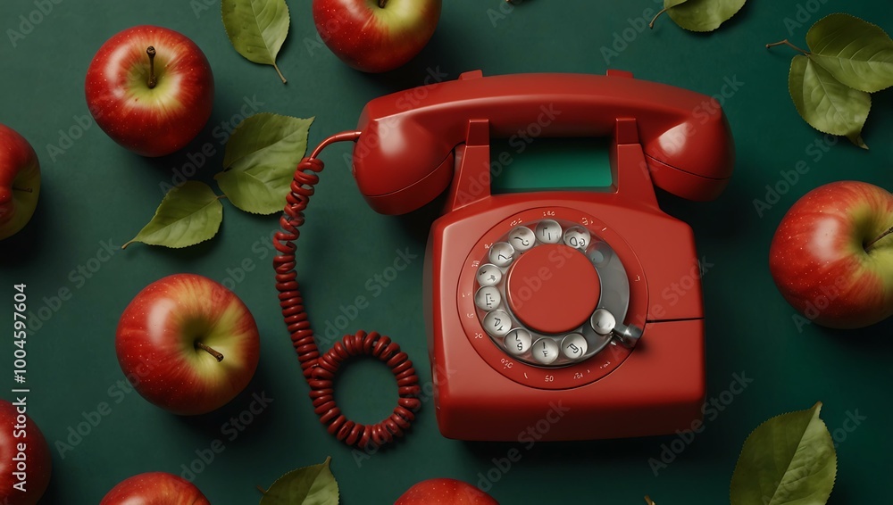 Poster a red phone with red apples and green leaves on a matching background.
