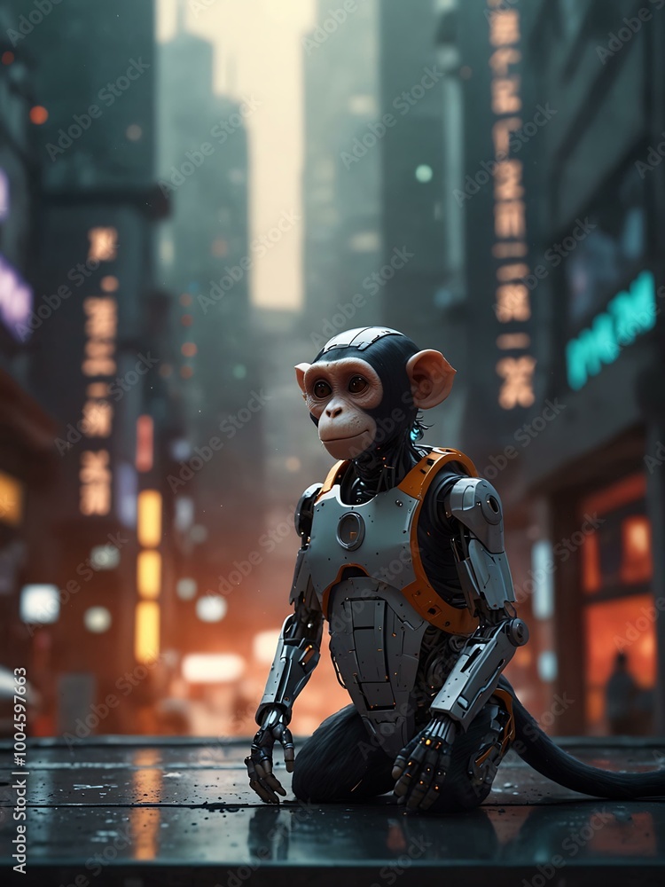 Poster a robot monkey in a futuristic setting.