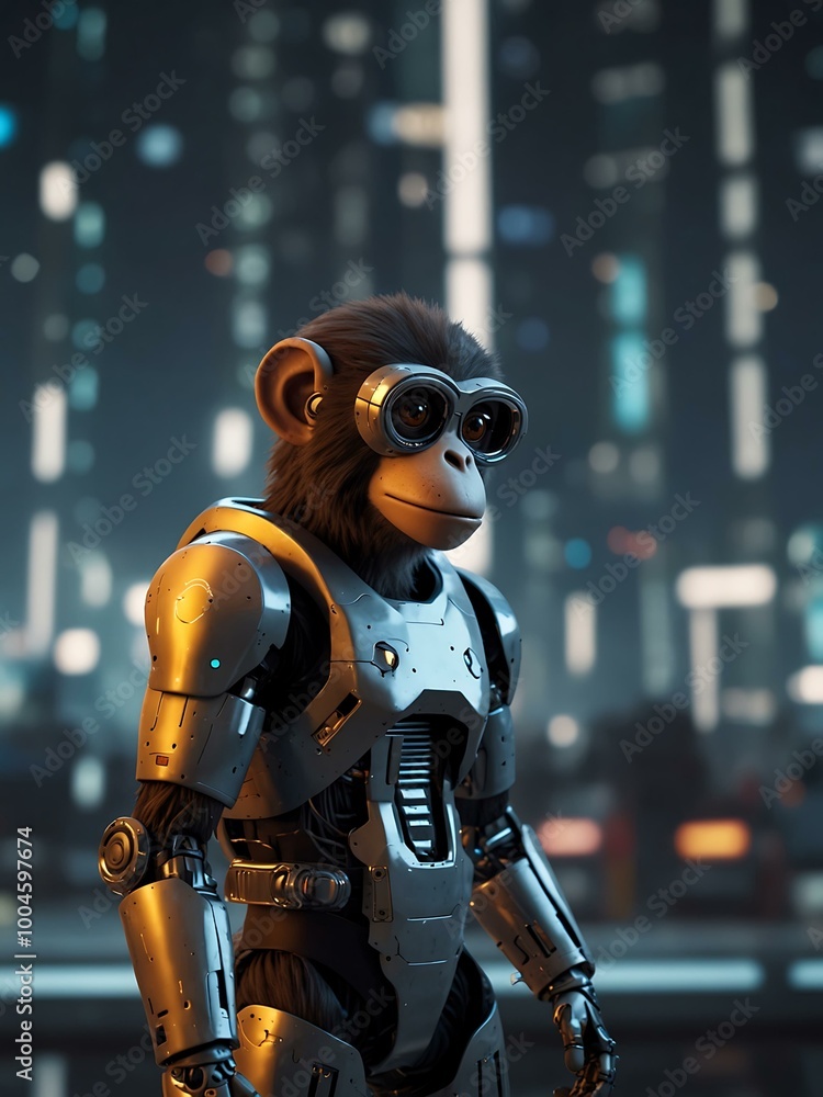 Poster a robot monkey in a futuristic setting.