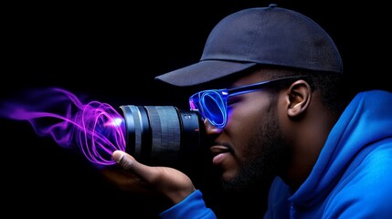 Photographer's Vision: A Black male photographer, stylishly dressed in a blue hoodie and cap, peering intensely through his camera lens, with vibrant purple and blue energy swirling around the lens.