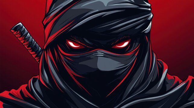 Illustration gaming mascot black ninja head logo design E-Sport background wallpaper AI generated image