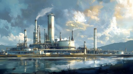 Compact pastel hued oil refinery with innovative eco friendly energy infrastructure sleek architectural design