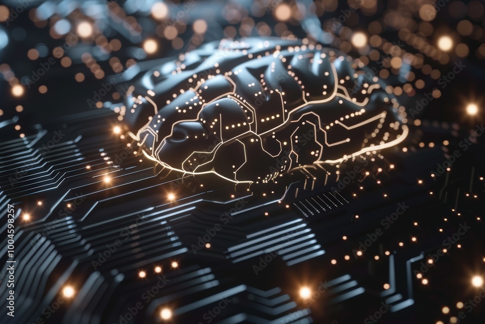 Poster a white digital brain floating on an intricate circuit board background, symbolizing artificial inte