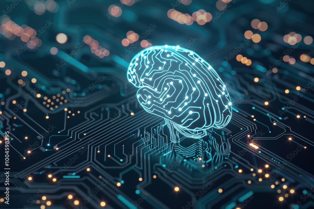 Poster a white digital brain floating on an intricate circuit board background, symbolizing artificial inte