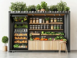 Eco-friendly container shop with living walls, solar panels, and organic produce, container shop, eco-friendly, living walls, organic