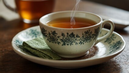 A steaming cup of tea on a saucer with a tea bag.
