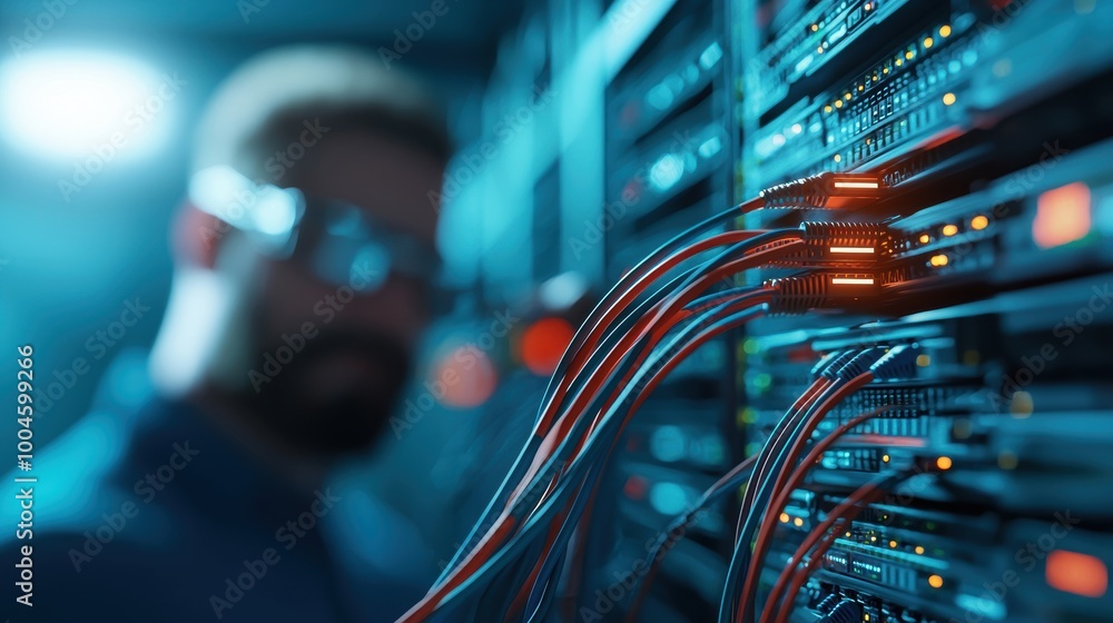 Poster data center technician working with server rack cables