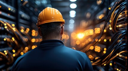 Fototapeta premium Technician in Server Room with Orange Hard Hat