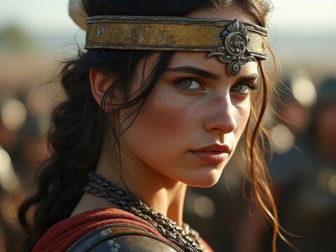 Intense portrait of a warrior woman wearing a metal headpiece and armor