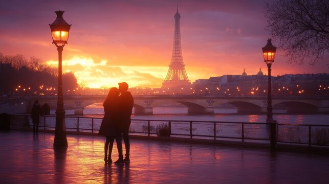 A romantic moment captured in the heart of Europe, as love blossoms between a couple in the enchanting city of Paris, where every corner tells a story of passion and romance.