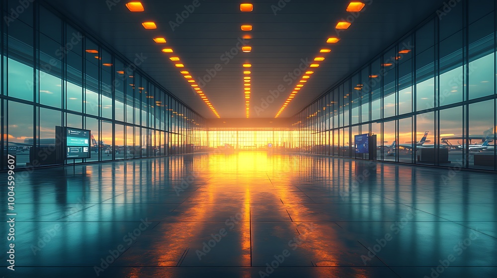 Poster a futuristic airport terminal with automated services and digital navigation systems.