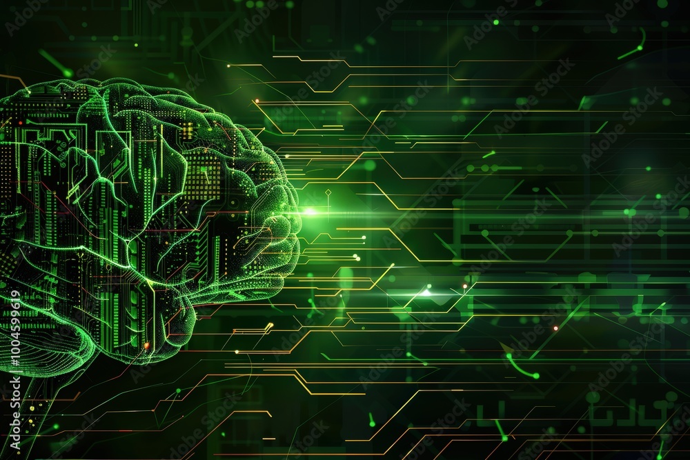 Poster a green digital brain floating on an intricate circuit board background, symbolizing artificial inte