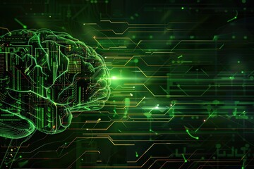 Obraz premium A green digital brain floating on an intricate circuit board background, symbolizing artificial intelligence and technology.