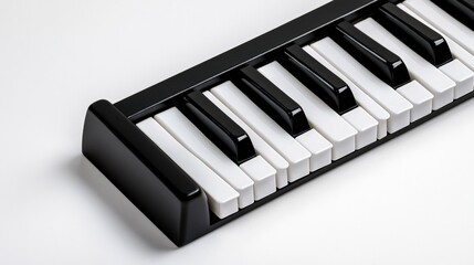 Mini Keyboard: A close-up shot of a small black keyboard, showcasing its compact design and white and black keys. The keyboard's simplicity and portability make it ideal for learning music on the go.
