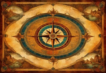 Obraz premium colorful compass design richly textured ancient world map detailed geography features, atlas, beautiful, background, chart, cinematic, coordinates